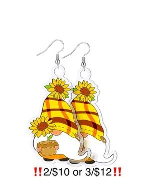 Gnome Earrings Acrylic Sunflower Plaid Yellow Orange White Novelty Earring